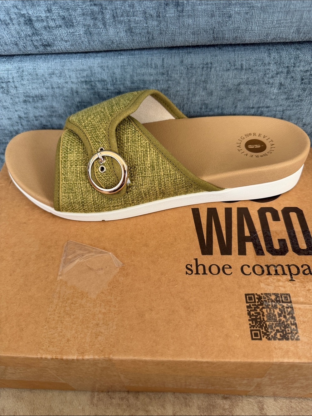 REVITALIGN Mabel Kiwi Olive Green Slide Mule with Silver Ring Accent